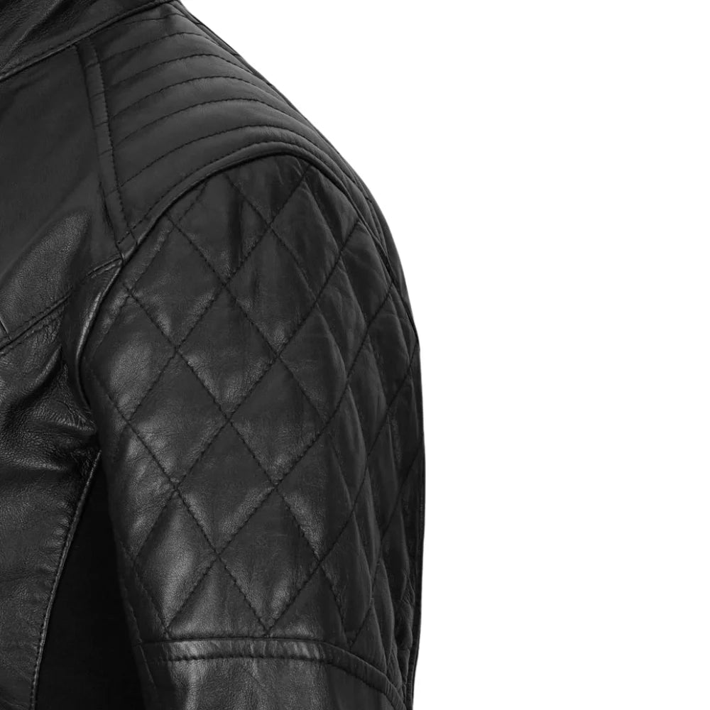 Classic Black Leather Jacket with Stand Collar