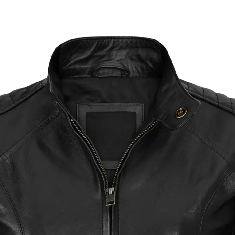 Classic Black Leather Jacket with Stand Collar
