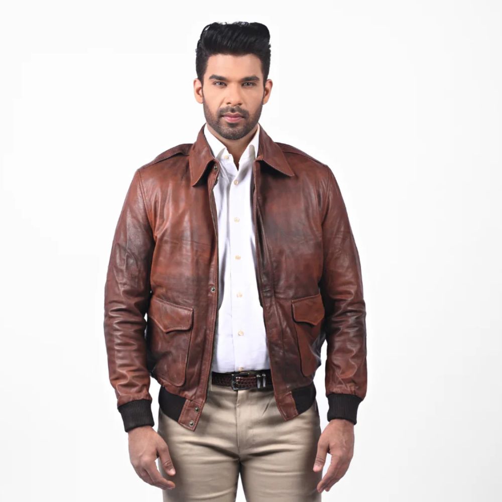 Classic Brown Leather Bomber Jacket
