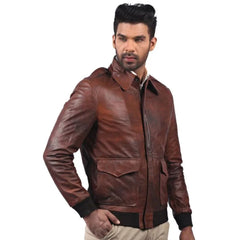 Classic Brown Leather Bomber Jacket