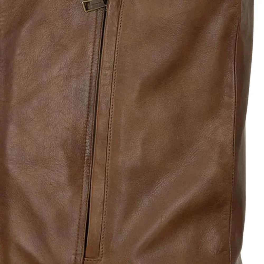 Classic Men’s Brown Leather Jacket Wide Collar