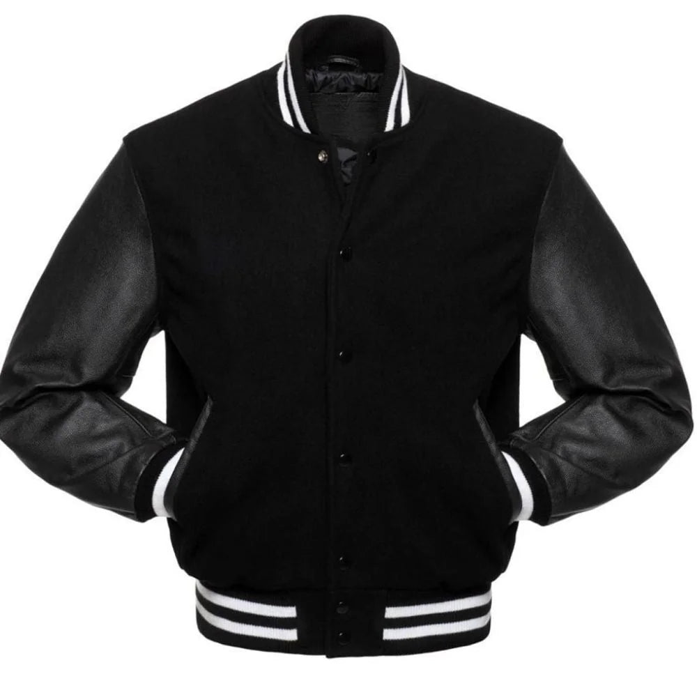 Men Classic Black Varsity Jacket with Leather Sleeves