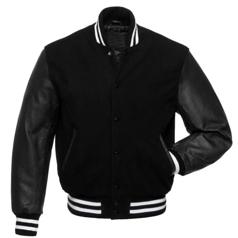 Men Classic Black Varsity Jacket with Leather Sleeves