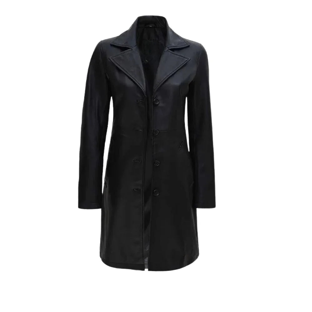 Classic Button Front Long Leather Coat