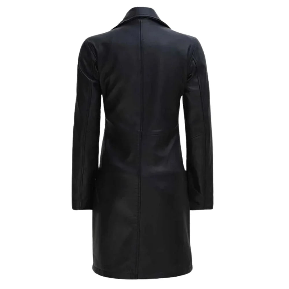 Classic Button Front Long Leather Coat