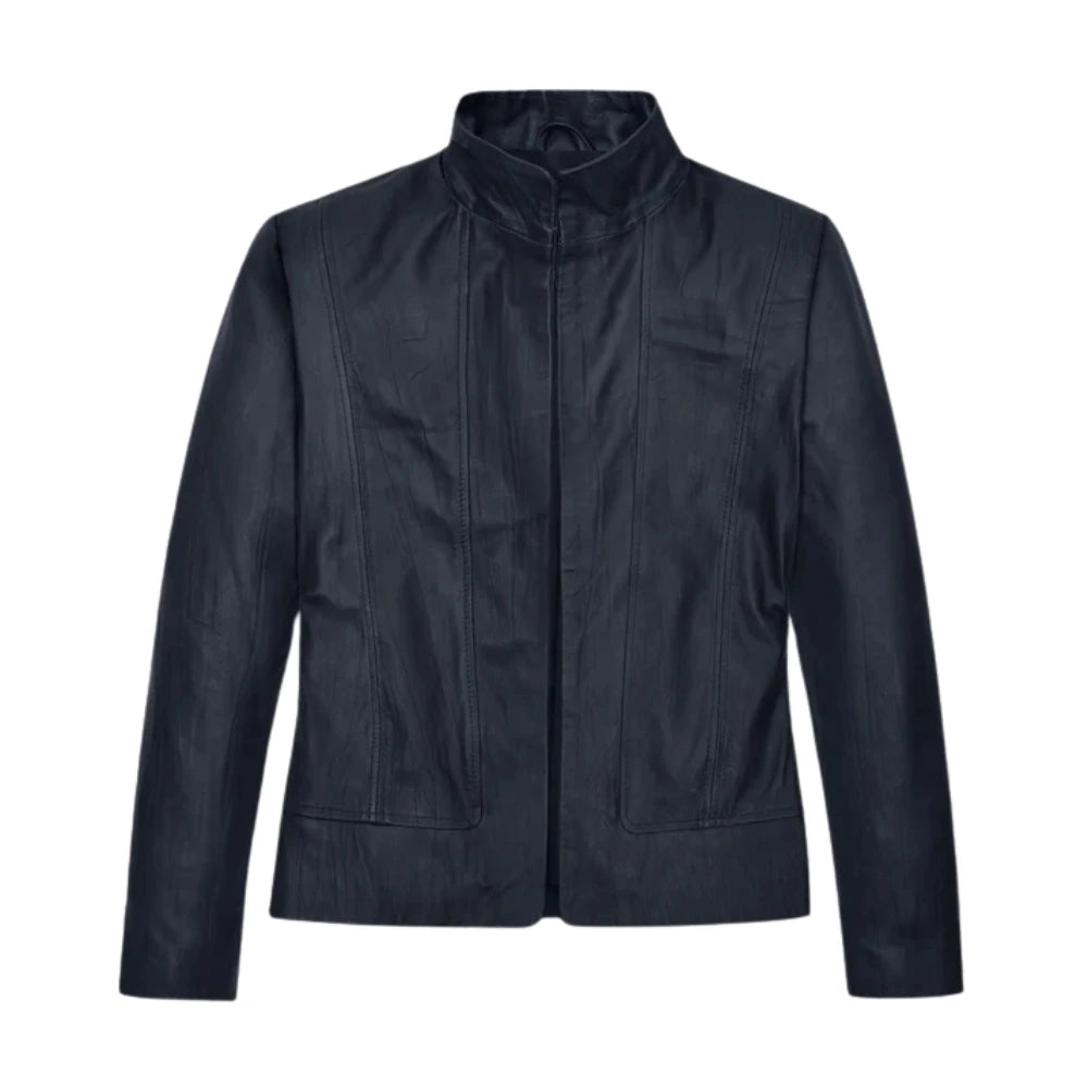 Elegant Navy Blue Slim Fit Leather Jacket for Women