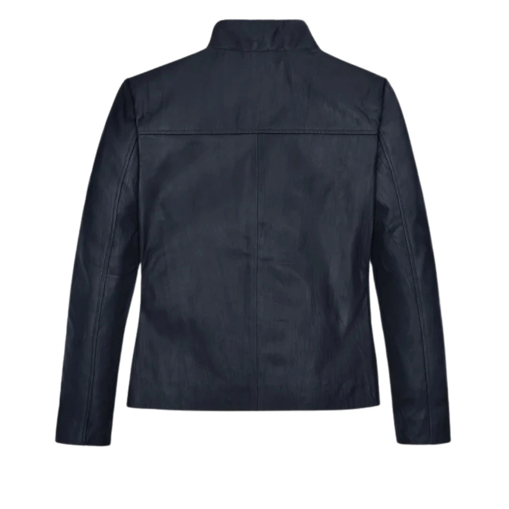 Elegant Navy Blue Slim Fit Leather Jacket for Women