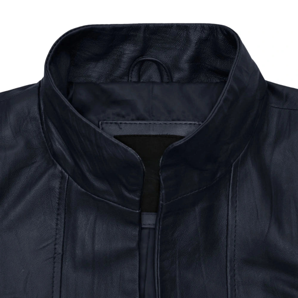 Elegant Navy Blue Slim Fit Leather Jacket for Women