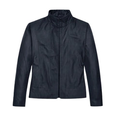 Elegant Navy Blue Slim Fit Leather Jacket for Women