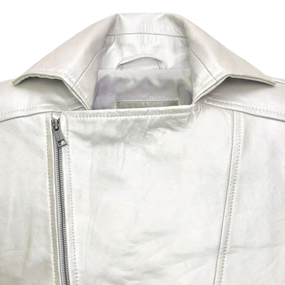 Elegant White Leather Jacket with Zipper Closure