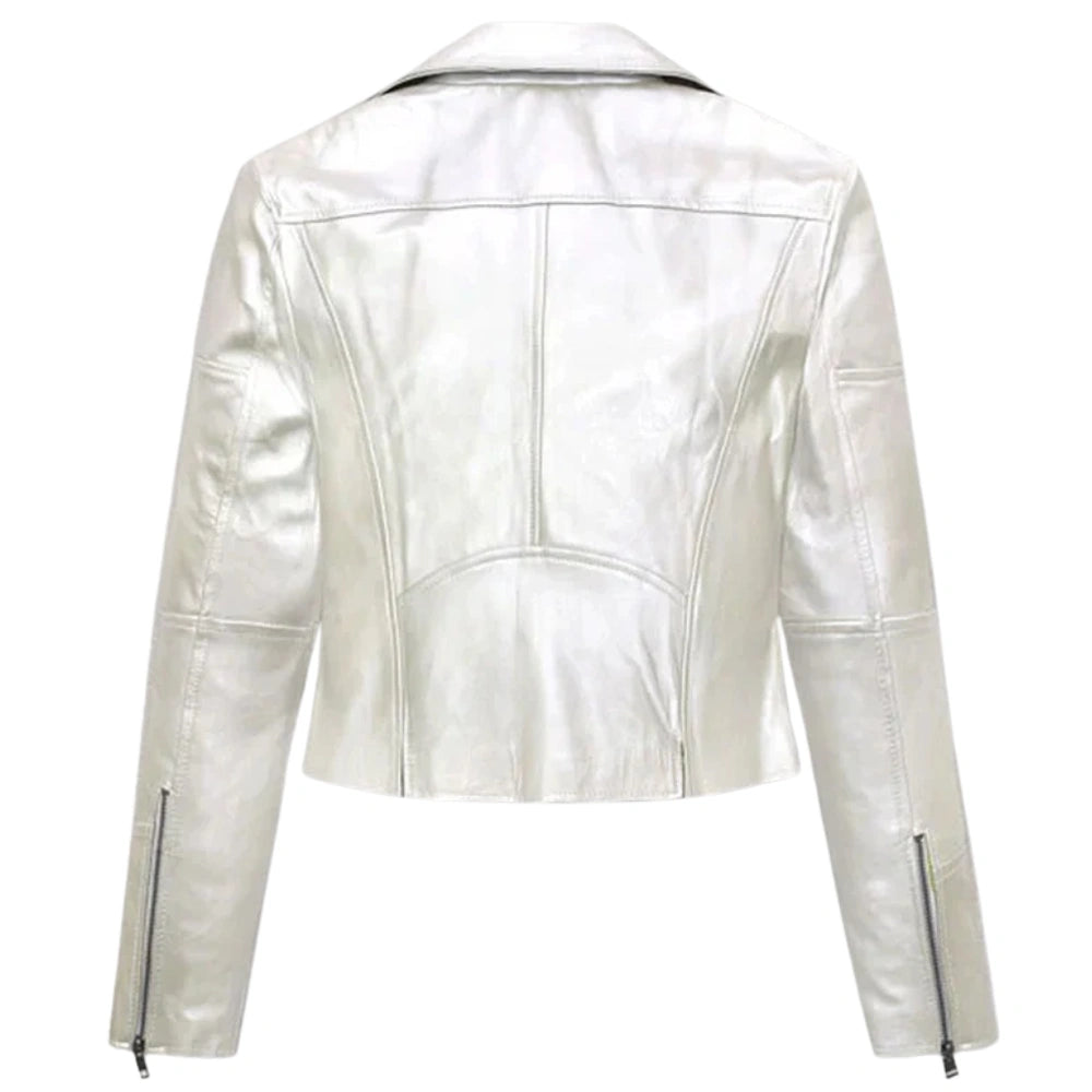 Elegant White Leather Jacket with Zipper Closure