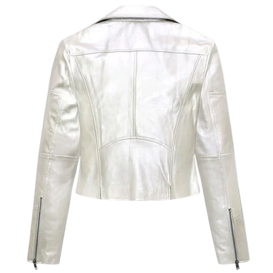 Elegant White Leather Jacket with Zipper Closure
