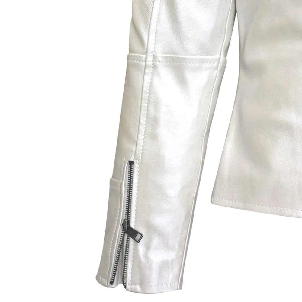 Elegant White Leather Jacket with Zipper Closure