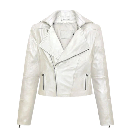 Elegant White Leather Jacket with Zipper Closure
