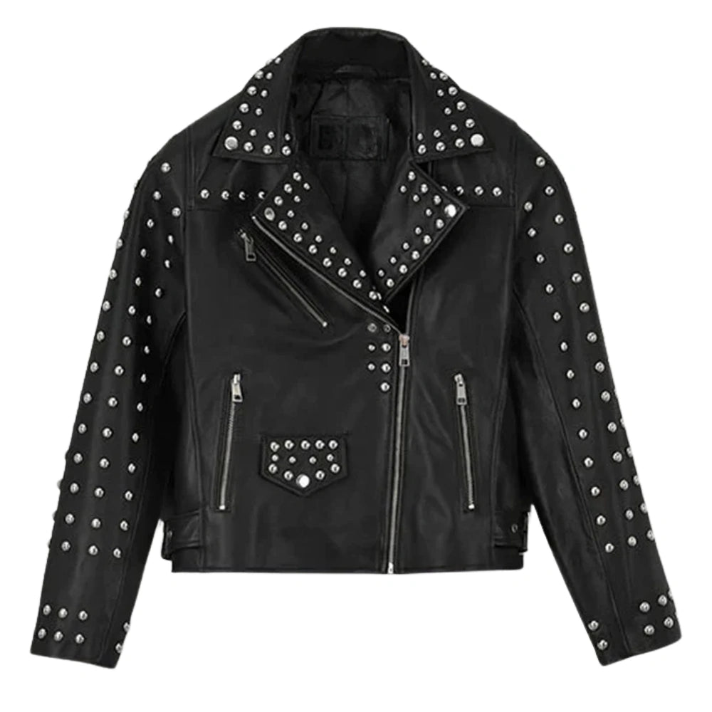 Fashionable Studded Black Leather Jacket for Women
