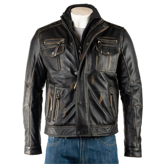Men Antique Black Double Collar Ottavio Leather Jacket