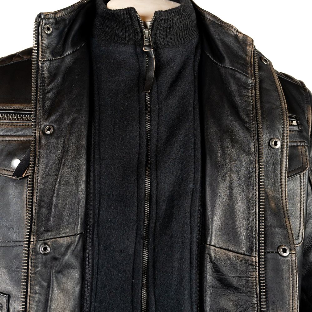 Men Antique Black Double Collar Ottavio Leather Jacket
