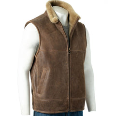Men Antique Genuine Leather Shearling Vest 