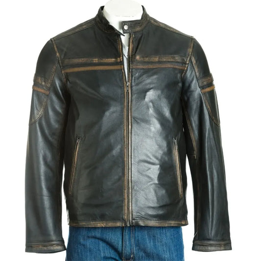Men Antique Tab Collar Leather Biker Jacket