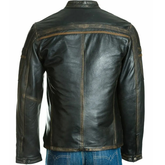 Men Antique Tab Collar Leather Biker Jacket