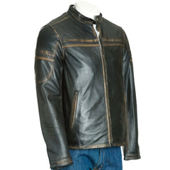 Men Antique Tab Collar Leather Biker Jacket