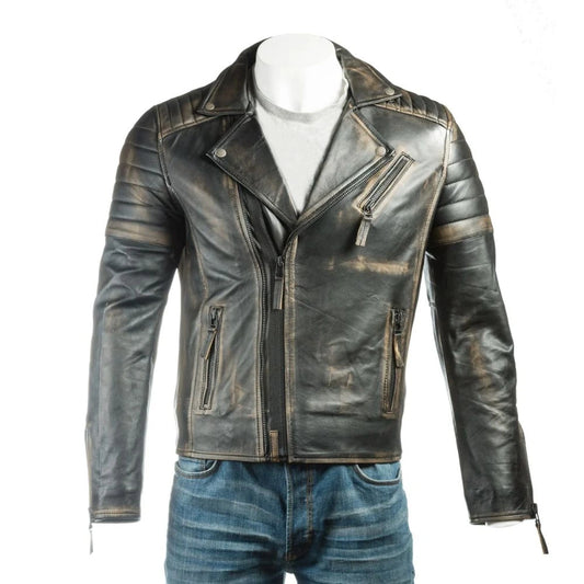 Men Asymmetric Zipper Black Vintage Biker Leather Jacket