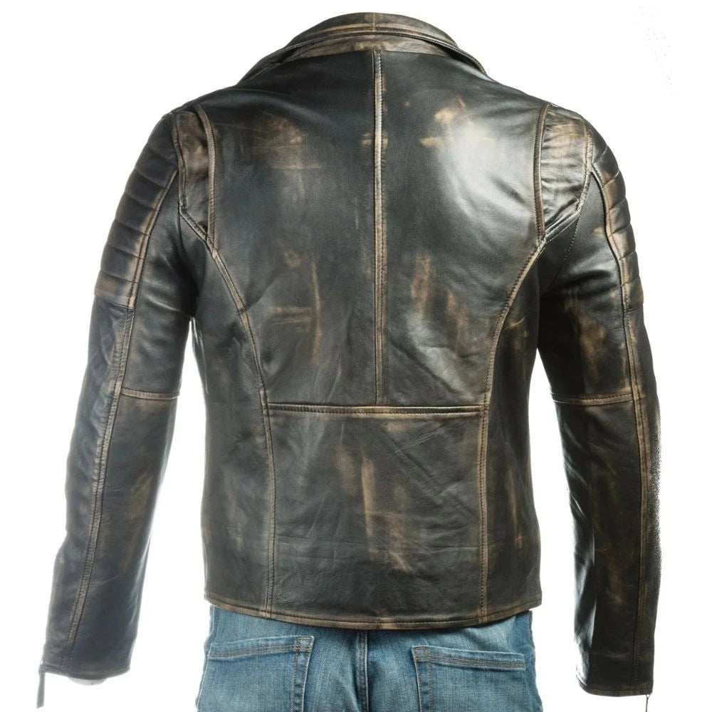 Men Asymmetric Zipper Black Vintage Biker Leather Jacket
