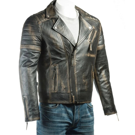 Men Asymmetric Zipper Black Vintage Biker Leather Jacket