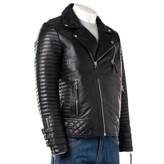Men Black Asymmetric Designer Style Leather Biker Jacket