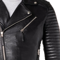 Men Black Asymmetric Designer Style Leather Biker Jacket