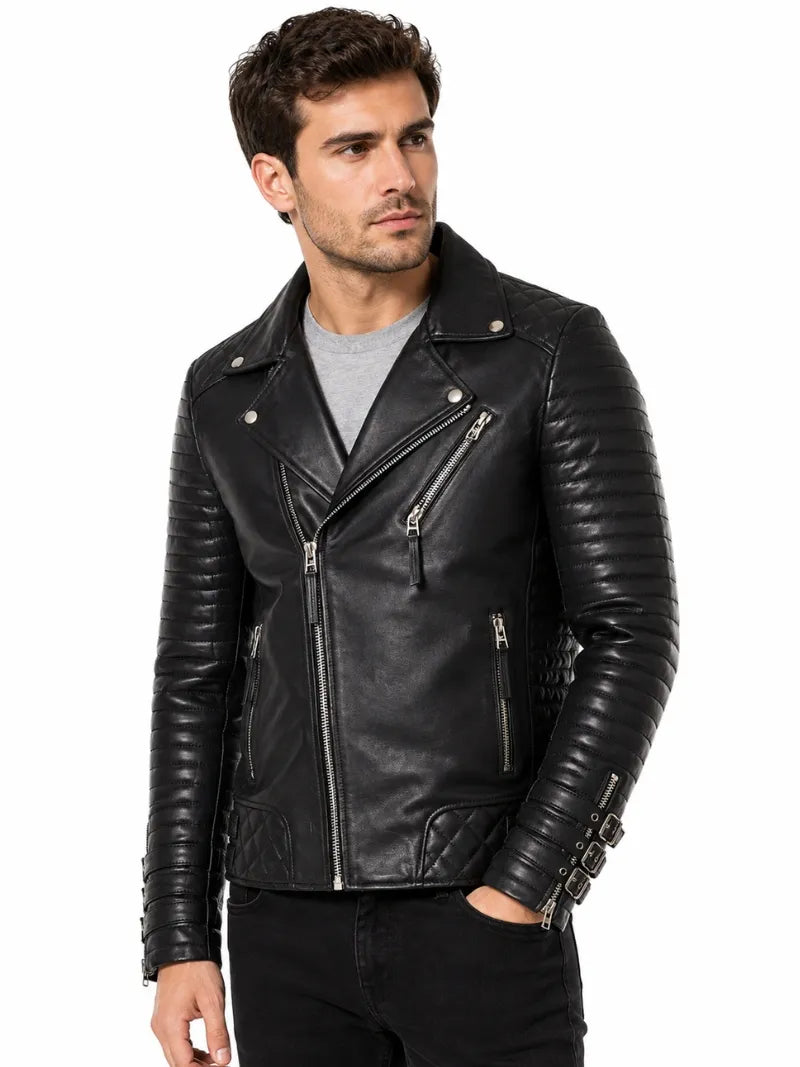 Men's Black Asymmetric Designer Style Leather Jacket, closure detail