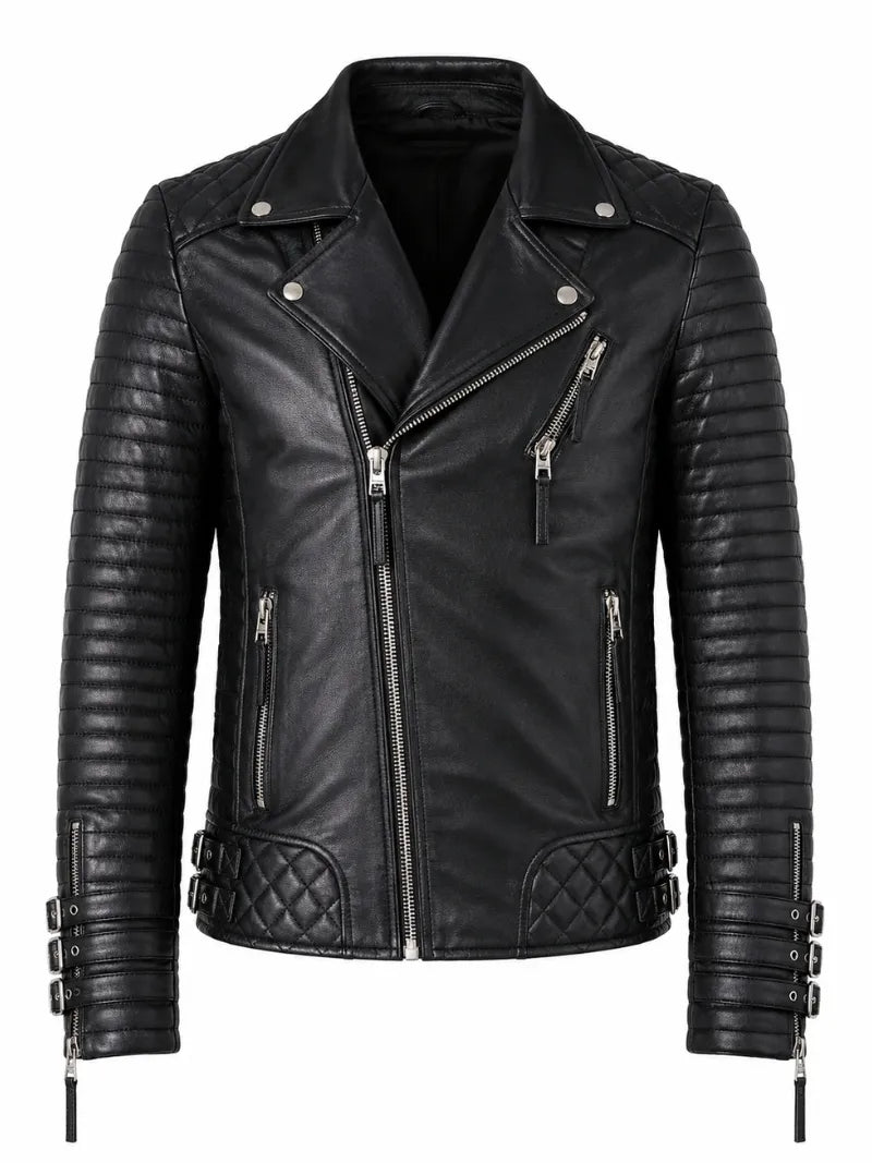 Men's Black Asymmetric Designer Style Leather Jacket, front view