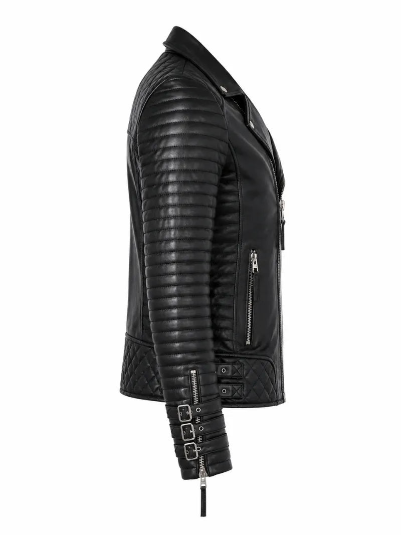 Men's Black Asymmetric Designer Style Leather Jacket, back view