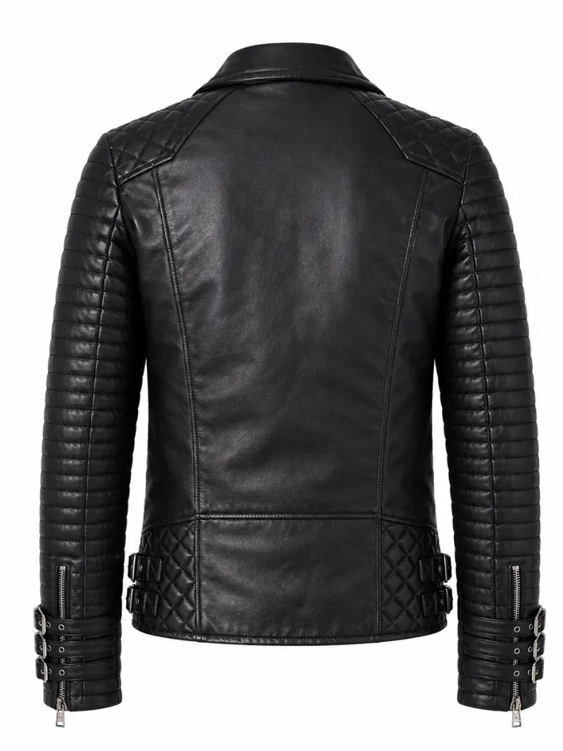 Men's Black Asymmetric Designer Style Leather Jacket, collar detail