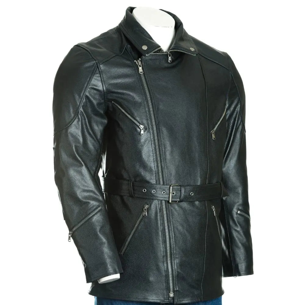 Men Black Belted Soft Leather Coat