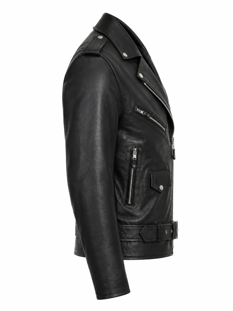 Men's Black Leather Biker Jacket with Snap-Tab Collar, back view