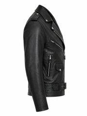 Men's Black Leather Biker Jacket with Snap-Tab Collar, back view