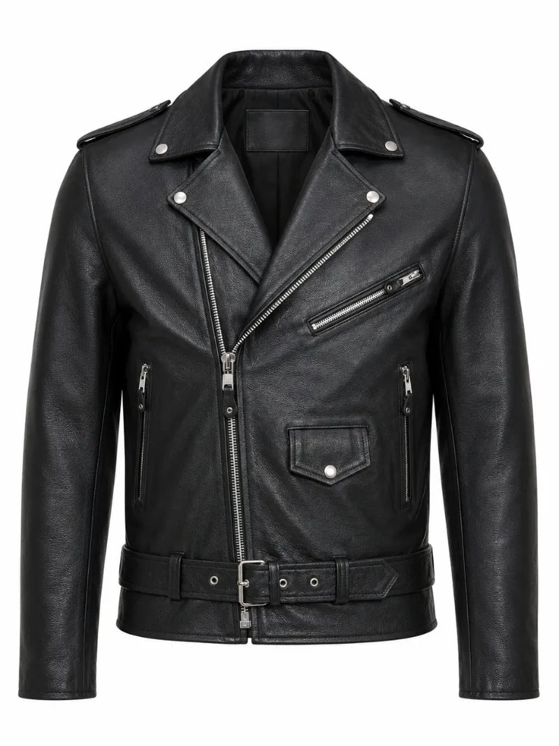 Men's Black Leather Biker Jacket with Snap-Tab Collar, front view
