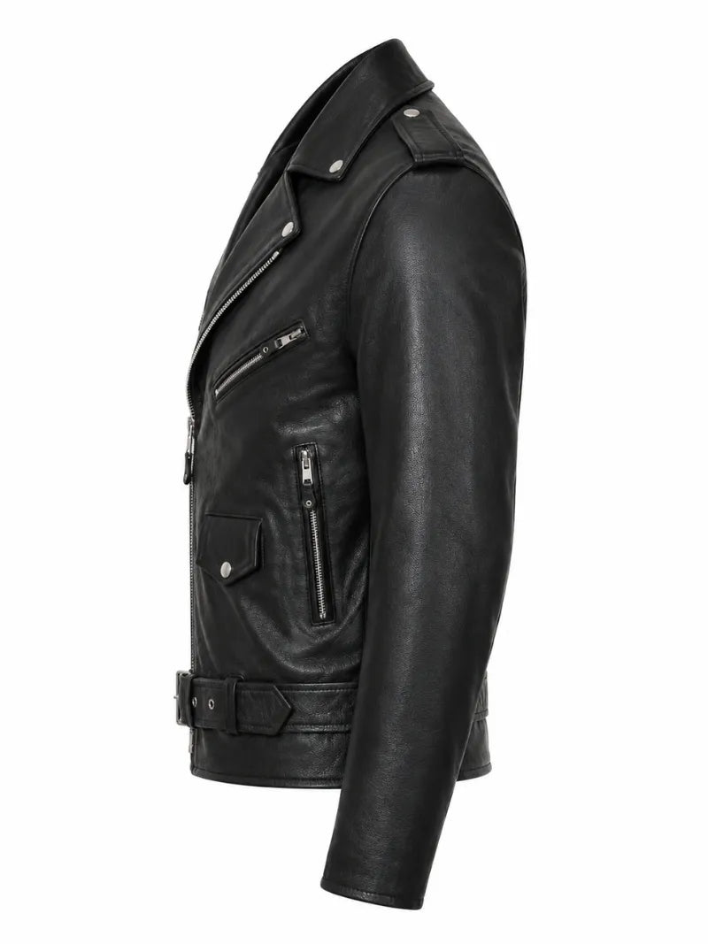 Men's Black Leather Biker Jacket with Snap-Tab Collar, side view