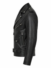 Men's Black Leather Biker Jacket with Snap-Tab Collar, side view