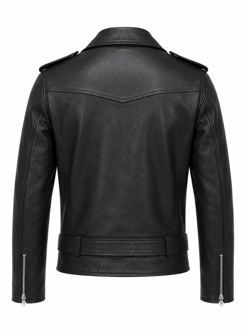 Men's Black Leather Biker Jacket with Snap-Tab Collar, collar detail