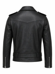Men's Black Leather Biker Jacket with Snap-Tab Collar, collar detail