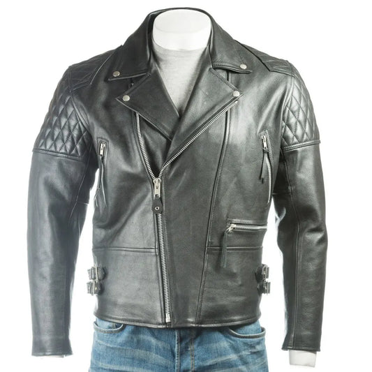 Men Black Diamond Stitch Shoulder Leather Biker Jacket 
