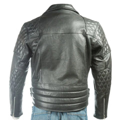 Men Black Diamond Stitch Shoulder Leather Biker Jacket 