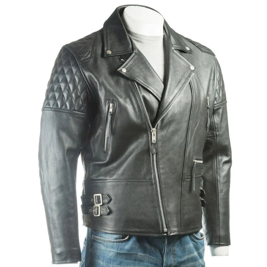 Men Black Diamond Stitch Shoulder Leather Biker Jacket 