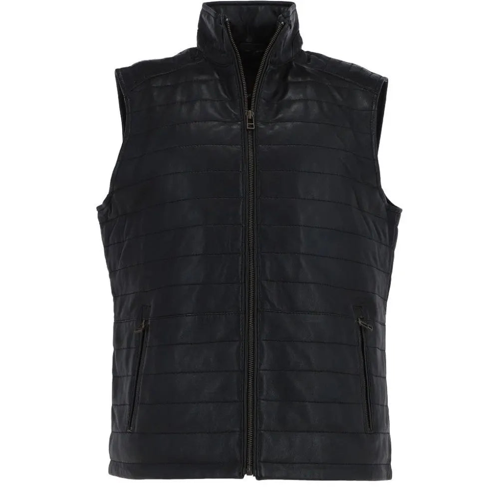 Men Black Leather Bubble Gilets Vest 