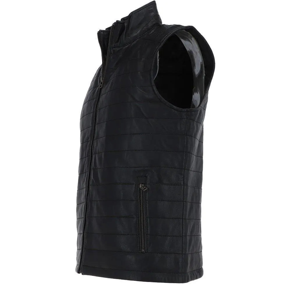 Men Black Leather Bubble Gilets Vest 