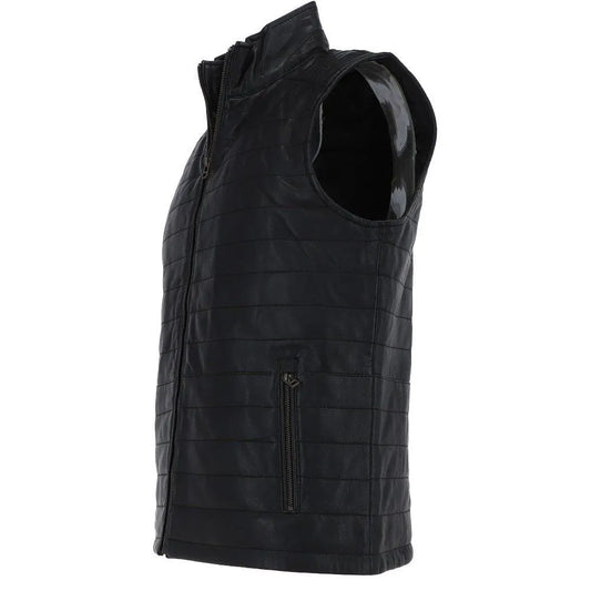 Men Black Leather Bubble Gilets Vest 