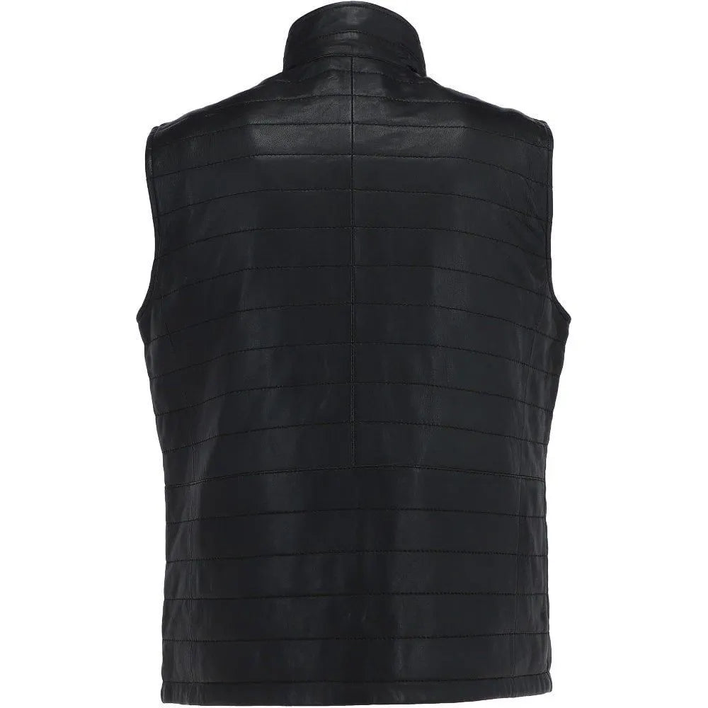 Men Black Leather Bubble Gilets Vest 
