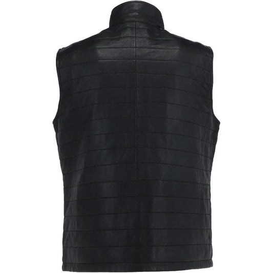 Men Black Leather Bubble Gilets Vest 